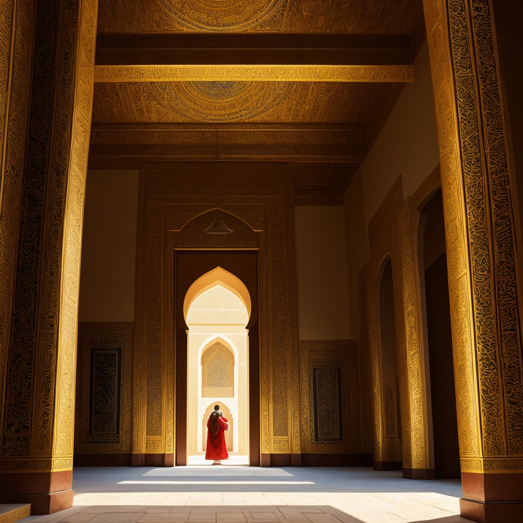 create a painting canvas with visible paint strokes. This portrait must contain a temple, the inside of an Arab prayer temple, rich in detail, people in prayer.