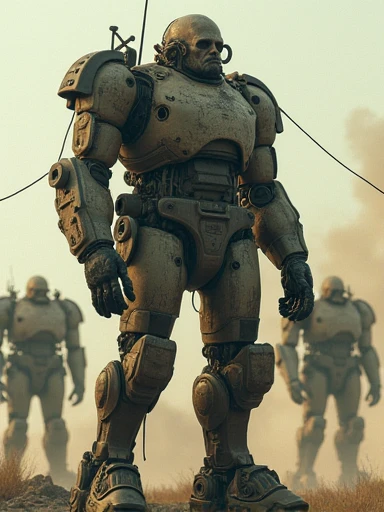 (Masterpiece.UHD.photorealistic analog photography. 1950 style) In a dystopian retro futuristic world. a tired warrior.he is inside a 3 meter tall exo skeleton armor. Wires, tubes, diesel punk. Smoke. Steam.surrounded by 1930 clunky evil war robots. early evening light.