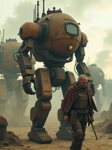 (Masterpiece.UHD.photorealistic analog photography. 1950 style) In a dystopian retro futuristic world. a tired warrior.he is inside a 3 meter tall exo skeleton armor. Wires, tubes, diesel punk. Smoke. Steam.surrounded by 1930 clunky evil war robots. early evening light.