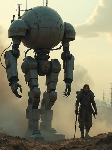 (Masterpiece.UHD.photorealistic analog photography. 1950 style) In a dystopian retro futuristic world. a tired warrior.he is inside a 3 meter tall exo skeleton armor. Wires, tubes, diesel punk. Smoke. Steam.surrounded by 1930 clunky evil war robots. early evening light.