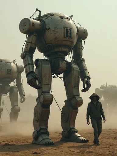(Masterpiece.UHD.photorealistic analog photography. 1950 style) In a dystopian retro futuristic world. a tired warrior.he is inside a 3 meter tall exo skeleton armor. Wires, tubes, diesel punk. Smoke. Steam.surrounded by 1930 clunky evil war robots. early evening light.