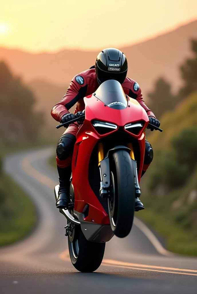 A rider on a Ducati Panigale V4 in motion on a blue motorcycle performs a daring front wheelie on a winding road, with a warm-toned sky that hints at the golden glow of sunrise or sunset. The rider&#39;s helmet and leaning posture convey a sense of concentration as they masterfully balance the bike on its rear wheel.. The curving road winds through a lush green landscape, adding depth to the dynamic composition. , retina, necessary, masterpiece, Super detail, High details, Best Quality, awarded, High resolution, High Definition, 4k, 8k, 16k, retina, necessary, masterpiece, anatomically correct, textured skin, Super detail, high quality, awarded, High resolution, 8k, 16k The motorcycle has the name Gilberto and the number 11 on his helmet and motorcycle, the photo is from behind. 
The rider on his back has the number Gilberto 