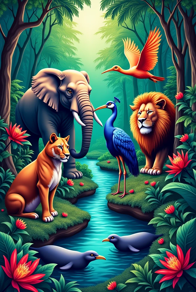 Poster sazi photos _ jungle all animals elephant, lion, peacock, heran ,porats