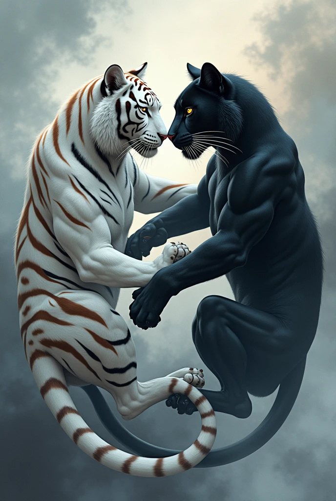 I want an illustration of a Ying and Yang; made with a white tiger and a black panther

