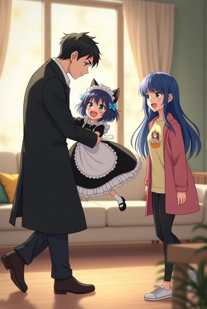 ((best quality)), ((masterpiece)), (detailed), A 2 anime fantasy handsome strong dad with bright green eyes , a black fit coat with and a white t-shirt with a picture of black tiger in the middle of that . black neat hair and a soft kindly smile on his face , a strong body as a sign of exerciser being , lifted up and spin around an innocent 4-year-old fantasy anime daughter with big and blue eyes that twinkle in the room light, playfully and softly chuckles with blushed cheeks, while she is suspended in his arms , Her arms are slightly opened as a sign of joy , her white and black and blue baby maid outfit with unreal cat ears and two blue bow ties on her head, fairly long straight black hair, in the middle of the living room , and in a moment , An 25-year-old fantasy anime gangster strong mom with shiny blue eyes, an enjoyable look and a soft smile on her face while chuckle , a kind and affectional look, blushed cheeks, a light yellow t-shirt with a fantasy princess in flower view in the middle, and a pink jacket with white lines on it. White and black sports shoes and golden bracelet with golden flower design, a sky blue jean , long straight blue hair , in the middle of the living room , stands near and looking to that guy and girl . enjoying moment as a happy family
