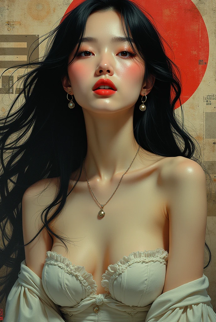 From a collage that mixes retro elements、Create dramatic contemporary digital art portraits。, Surrealism, And vintage aesthetics, Focus on intricate details、It depicts a beautiful japanese woman's full body in a relaxed pose with a dramatic, neutral expression, Detailed Hand,Long hair fluttering in the wind、Earrings、necklace、Pale color gradation