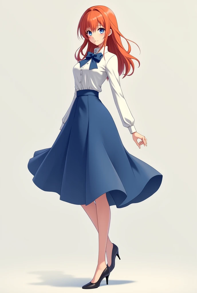 Anime girl with tall figure. She has waist-length orange hair, blue eyes, and wears a white shirt with a blue bow and a blue skirt.