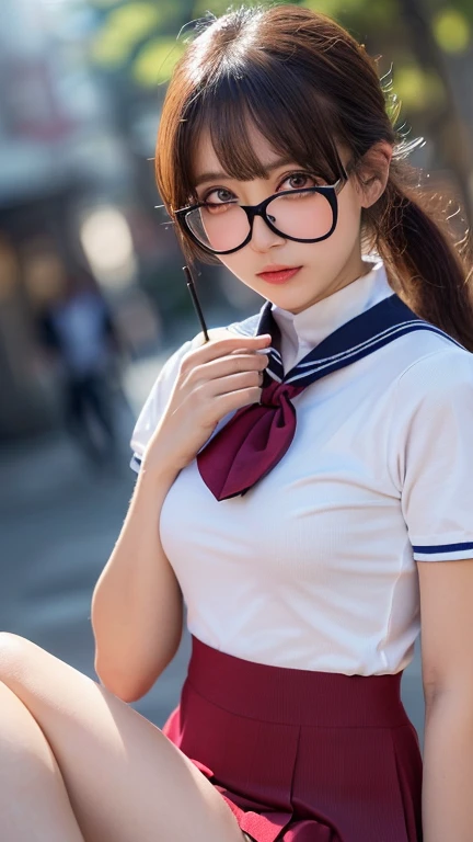 (Tabletop, highest quality:1.2), 8k, Official Art, RAW Photos, Incredibly ridiculous, (Upper Body, Sailor suit, serafuku:1.4), beautiful girl, Pretty face, Lean back, (Navy Pleated Skirt:1.1), close, , Short sleeve, Gardenia, violet, Teen, street, View your audience, No makeup, Film Grain, chromatic aberration, Sharp focus, Face Light, Dynamic Lighting, Cinema Lighting, Eye and facial details, Background blur, (Dark red bow tie:1.3),(Glasses),Big Breasts、((Sexy panties in full view:1.05))、((Spread your legs wide:1.45))、((Boyfriend and girlfriend having sex in missionary position:1.5))、((Sexual pose:1.5))、((Spread legs POV:1.5))、((The breasts are half-exposed:1.5))、