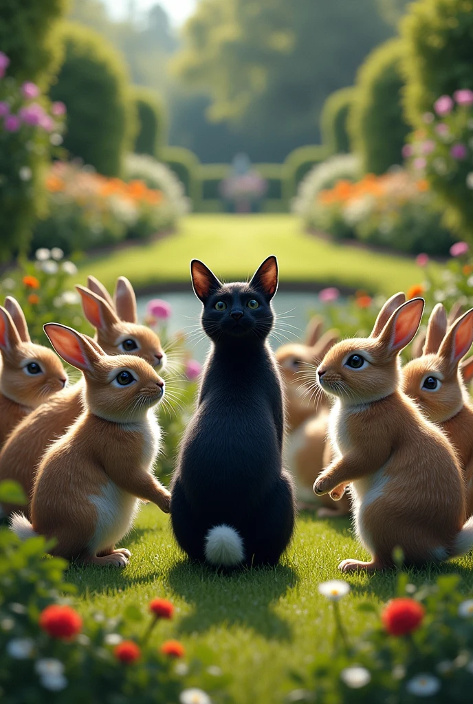 Some rabbits attacked the black cat in the beautiful garden