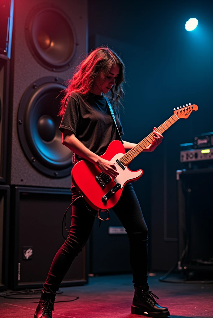 Subwoofer 18 inch, girl, red guitar, speaker