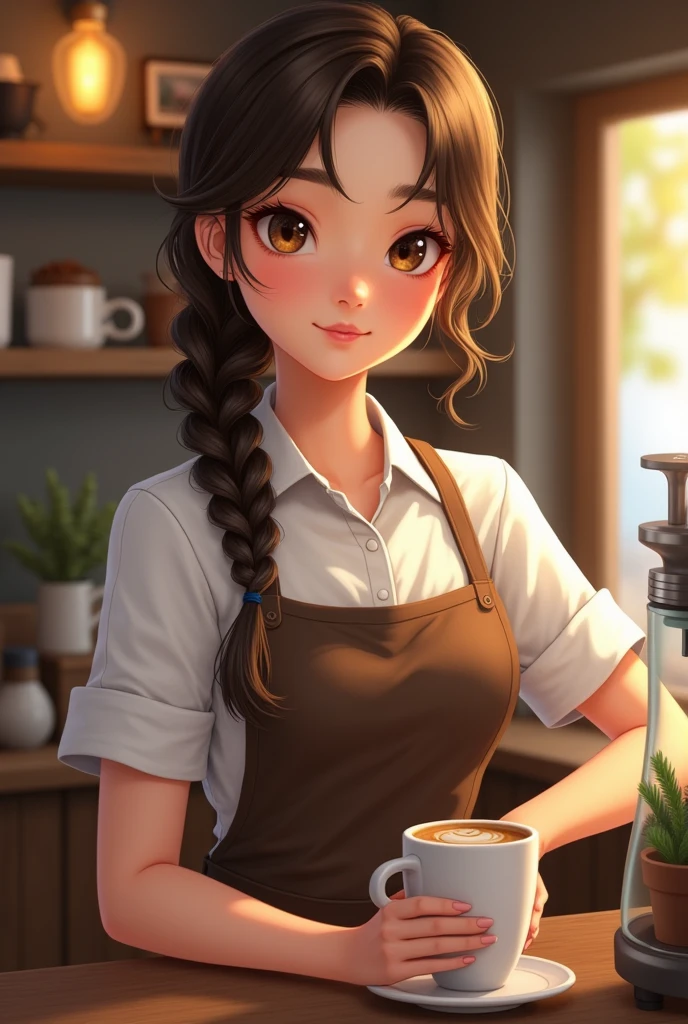 She was a woman with beautiful eyes, a sharp-looking face, white skin, and a braid on one side. Wear a coffee shop apron Friendly face, small, not very tall, smiling and cheerful.