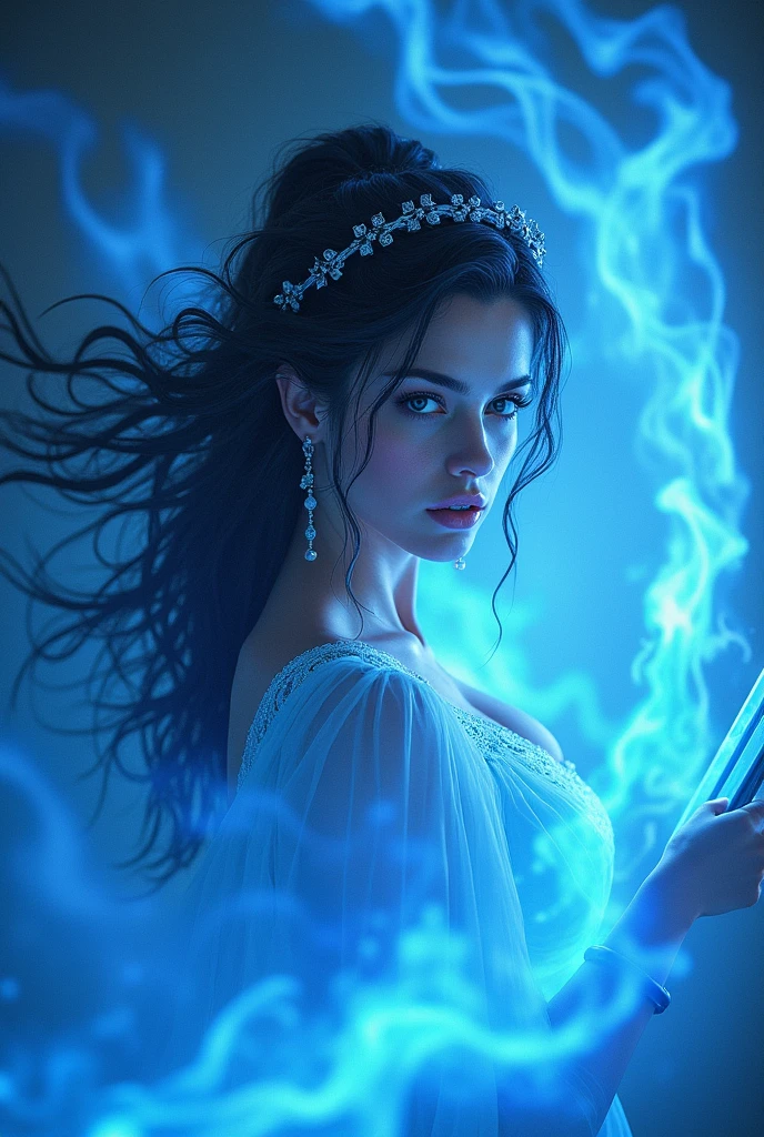 Draw Phoenix beautiful women blue fire held sword showing the beauty face and half the beautiful body.