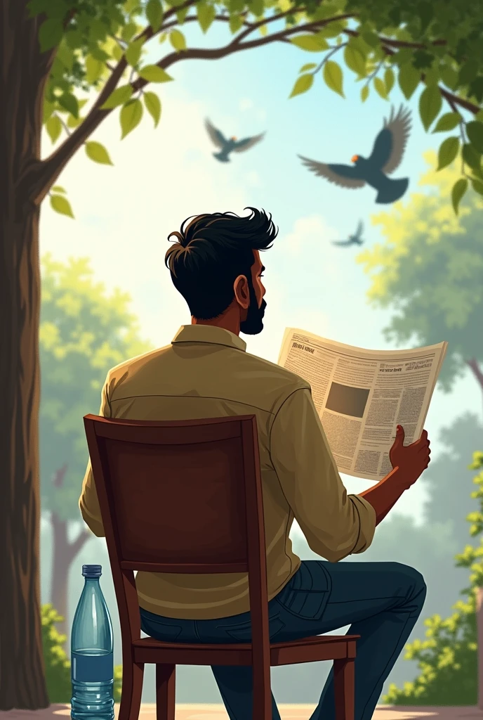 30 years Indian man is reading news paper, his back side should be displayed. He sat on a chair, weather is breezy, birds are flying at tree. He's having water bottle nearer to him.