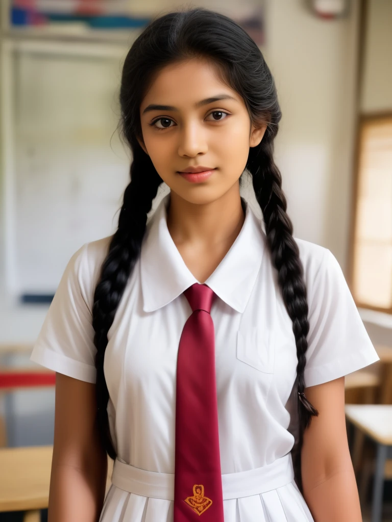 a beautiful cute little school girl in srilanka, detailed white frock, standing in a classroom, cinematic lighting, hyperrealistic, photorealistic, 8k, masterpiece, warm colors, natural lighting, detailed school uniform, detailed facial features, beautiful eyes, cute expression, high quality, intricate details