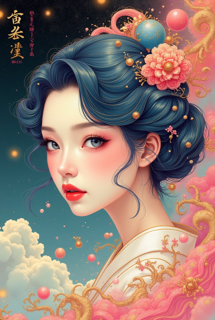 (Japanese girl:1.3), beautiful detailed eyes, beautiful detailed lips, extremely detailed eyes and face, long eyelashes, upper body, from side, looking at viewer, (fractal art:1.3), (rainbow color hair, colorful hair, half blue and half pink hair:1.2), water, liquid, cloud, colorful, starry, stars, (best quality, 4k, 8k, highres, masterpiece:1.2), ultra-detailed, (realistic, photorealistic, photo-realistic:1.37), vibrant colors, studio lighting, extremely detailed description, professional, concept art, surreal, 1920s french vibe, monochromatic gold and pink palette, in the style of french illustrator moebius, gold elements, (Chinese illustration:1.3，Paper Art:1.3, キルティングPaper Art:1.2),( Streamlined Design, Clear lines, High sharpness,Better Quality, Very detailed, Master Parts, Film Light Effect, 4K ) Illustration design, porcelain doll skin, beautiful detailed eyes, beautiful detailed lips, extremely detailed gold eyes and face, long eyelashes, upper body, from side, looking at viewer, (fractal art:1.3), (pink hair:1.2), water, liquid, cloud, colorful, starry, stars, (best quality, 4k, 8k, highres, masterpiece:1.2), ultra-detailed, (realistic, photorealistic, photo-realistic:1.37), vibrant colors, studio lighting, extremely detailed description, professional, concept art, surreal, 1920s french vibe, monochromatic gold and pink palette, in the style of french illustrator moebius, gold elements,