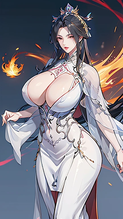1 Woman, mature, High (1.85 cm), looks about 3, has long black hair, straight and shiny, tied in the Chinese Taoist style, majestic black eyes, Extremely detailed eyes, perfect eyes, đôi mắt cực kỳ thực tế, balanced eyes, Long eyelashes, Anime style, perfect face, milf face, full red lips, mature, smooth white skin, natural body, sexy body, milf body, Perfect hands, detailed hands, arms in proportion to the body, đôi tay thực tế, arm with good anatomy, She was wearing only a red Chinese style dress decorated with gold and silver with phoenix motifs woven into the dress but still could not hide her extremely large and gigantic breasts., very big breasts, four hands can lift,breasts sag due to their size, thick thighs, wide hips, look at the viewer, The background is a Chinese-style pavilion., pose alone, look at the viewer.