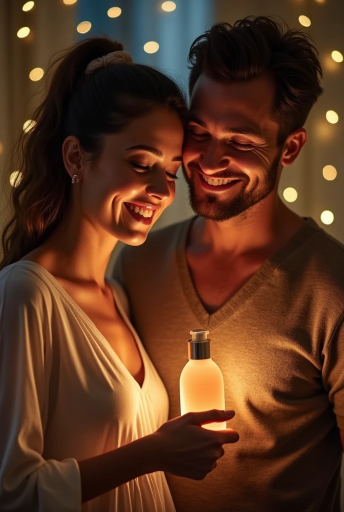 A real life woman with her male partner smiling, holding a skin care lotion bottle, smiling and happy, with a subtle background of stars or a compass, symbolizing their journey together being guided by destiny