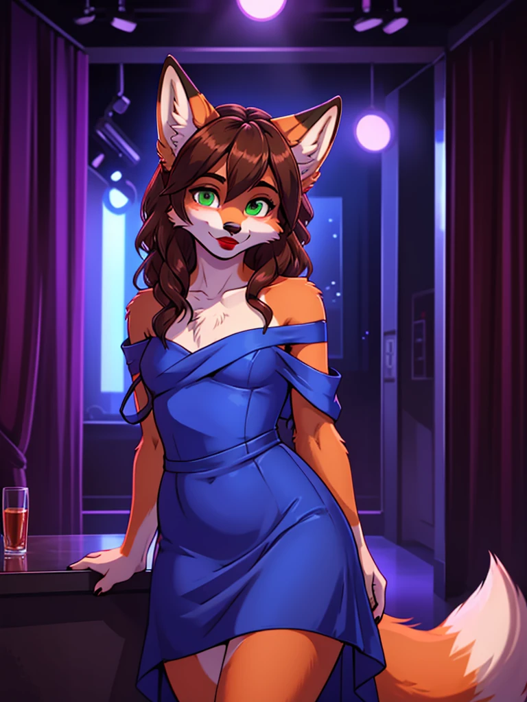 Best quality, furry male fox with green eyes, with brown long hair, with black spout, with red lipstick on lips, big lips, in a blue dress, crossdressing,  shy, off-the-shoulder dress, flirts, sexy pose, portrait, against the backdrop of an empty nightclub