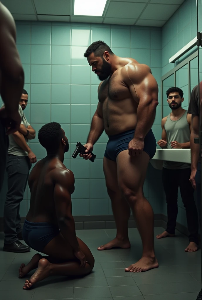 Strong, hairy mixed-race police officer in navy blue underwear pointing a pistol at a black man kneeling in a public restroom surrounded by men.