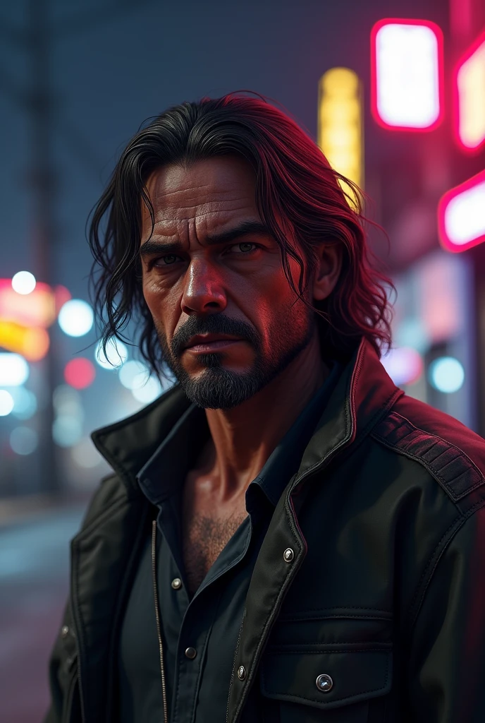 Make me a cool picture from the game FiveM. Just one person. A man with long hair.