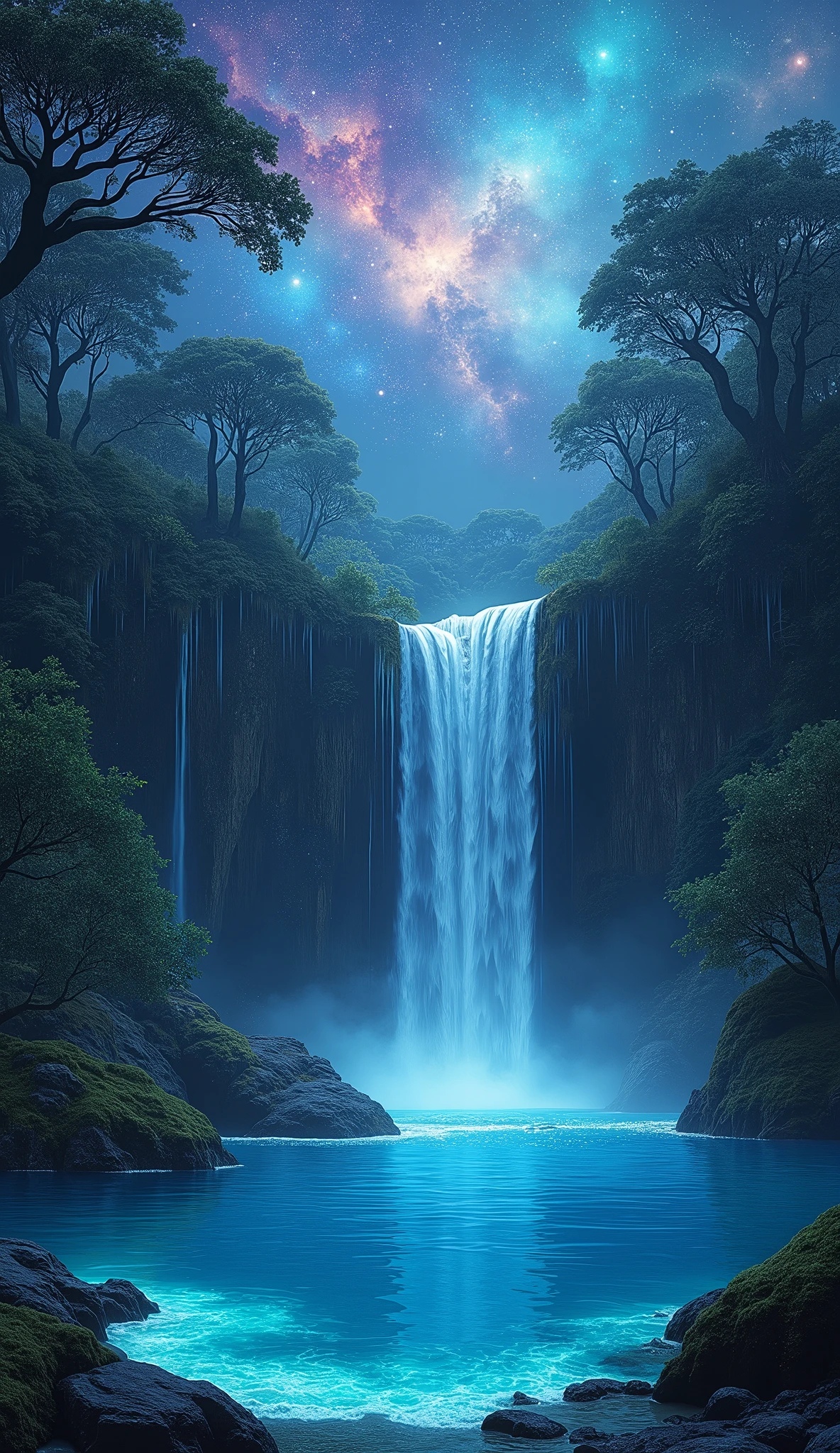 A secluded, moss-covered waterfall cascading into a crystal-clear pool under a sky filled with swirling nebulae, where the water glows faintly with bioluminescent algae, and the surrounding trees are illuminated by the soft light of distant galaxies.
