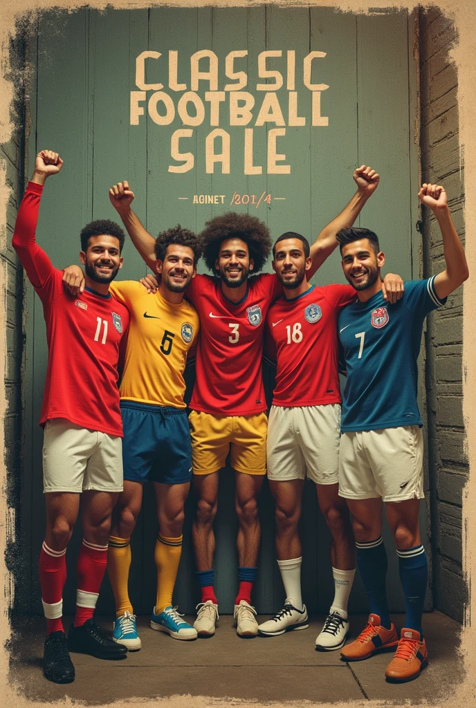Generate an image about a promotion on football shirts. Do it with a retro and vintage style
