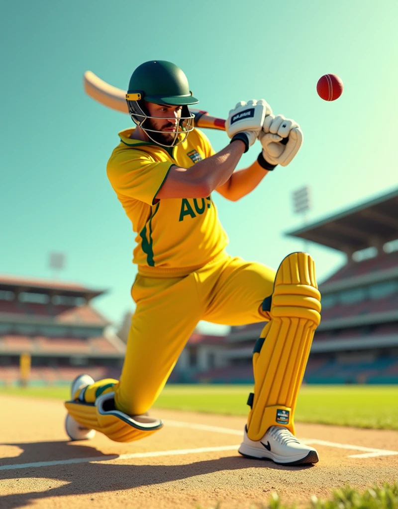 Give me a yellow jersey with AUS written on it. A cricket player wearing white sneakers and a dark green helmet is hitting a cricket ball.,顶光drop shadow, anaglyph, stereogram, tachi-e, ass pov, atmospheric perspective, 8k, super detail, best quality
