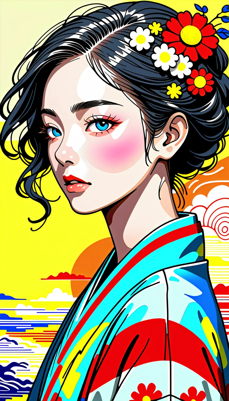 From a collage that mixes retro elements、Create dramatic contemporary digital art portraits。, Surrealism, And vintage aesthetics, Focus on intricate details、It depicts a beautiful japanese woman's full body in a relaxed pose with a dramatic, neutral expression, Detailed Hand,Long hair fluttering in the wind、Earrings、necklace、Pale color gradation