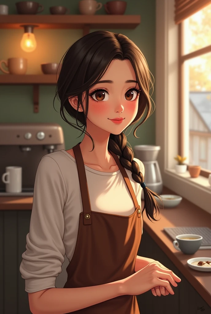 She was a woman with beautiful eyes, a sharp-looking face, white skin, and a braid on one side. Wear a coffee shop apron Friendly face, small, not very tall, smiling and cheerful.