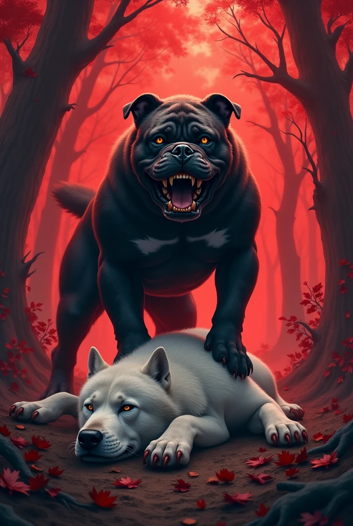 Black agresive bulldog standing on a dead white wolf in a red beautiful forest