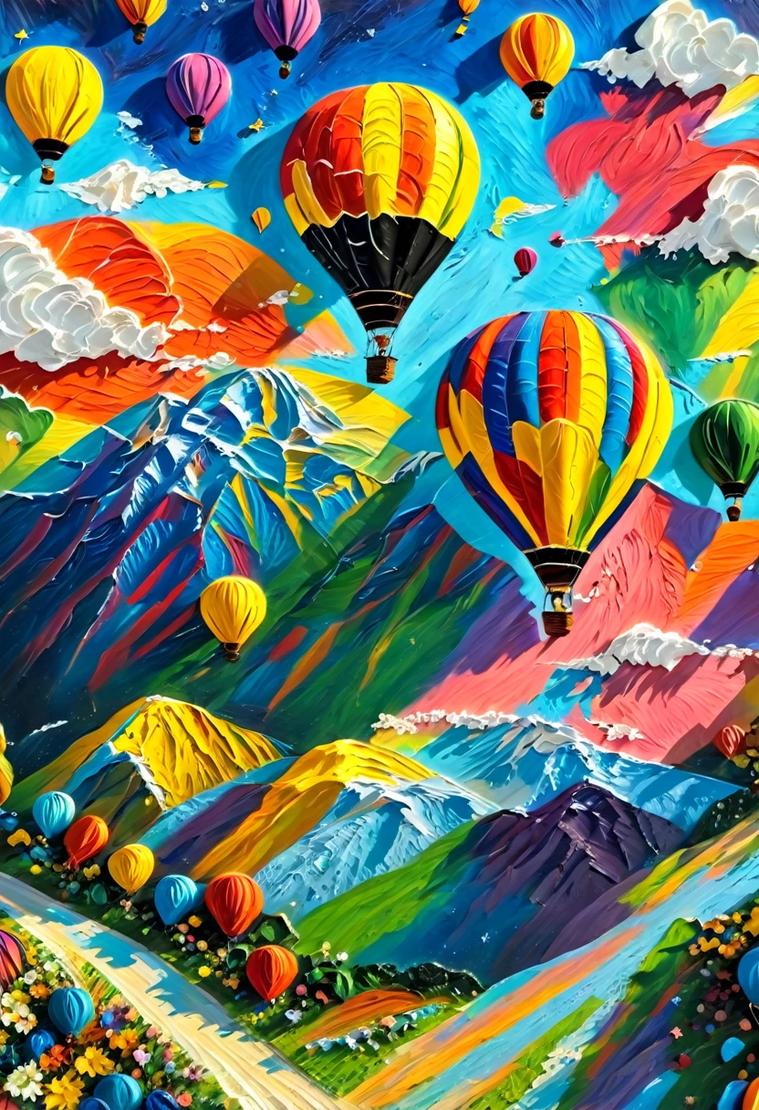 A painting：(((Colorful black，Chalk painting，Oil stick painting，flight，Thick coating，Uneven texture，Plaster texture，Graffiti)))。Colorful black，Hot air balloon racing，Vibrant gouache landscape, Colorful scene, colorful、Rich in details, Colorful artwork, Landscape Art Detail, On a sunny day, The art of detail, colorful art, 