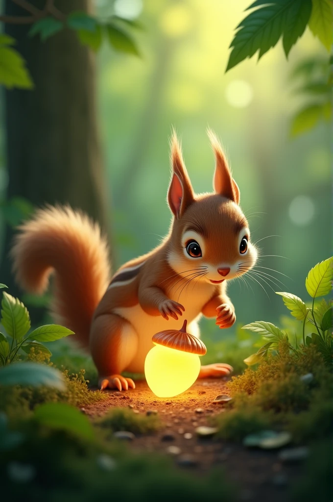 Sure! Here are five image prompts to illustrate the story:

1. **A Little Squirrel and the Shiny Acorn**: A curious little squirrel, Sammy, discovering a brightly glowing, shiny acorn among the forest leaves.

2. **Sammy Trying to Hide the Acorn**: Sammy the squirrel attempting to bury the sparkling acorn in the ground, but its glow makes it hard to hide.

3. **Sammy's Friends Admire the Acorn**: Sammy and his forest friends, including a rabbit, a bird, and a fox, admiring the glowing acorn together.

4. **The Forest Dance Around the Acorn**: The animals dancing joyfully around the glowing acorn, with colorful lights reflecting off the trees.

5. **The Magical Acorn and Friendship**: A warm scene showing Sammy and his friends playing and sharing in the forest, with the shiny acorn nestled in a special place as a symbol of their friendsh