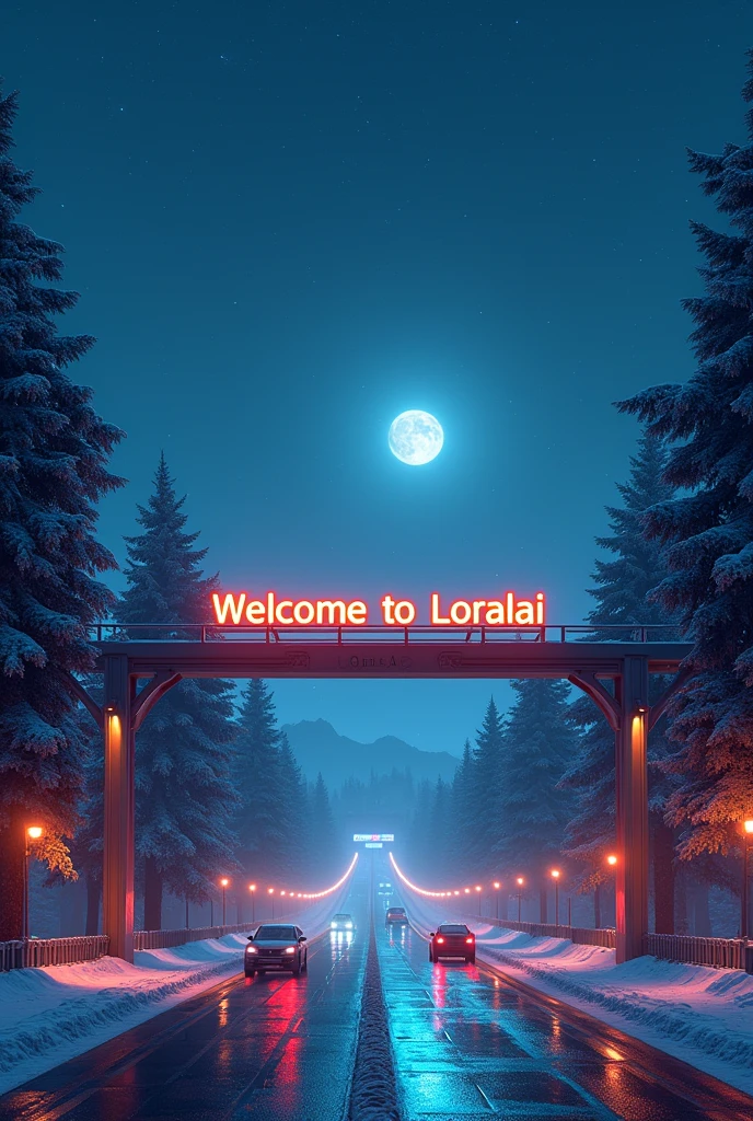 welcome to “LORALAI” written on top of entrance,with double entrance road ,trees on both side of road,futuristic,realistic sky,cars on roads and 4k results .night view with full lights stars and moons with snow fall