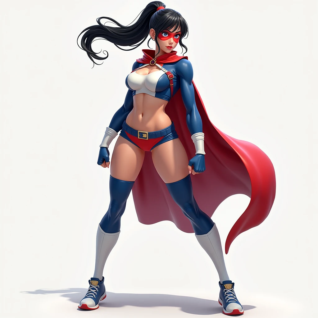 Girl, Japanese, realistic, full body superheroine, round face, pretty, wide eyes, dark hair, ponytail, athletic build, sexy, costume: spandex, red cape, one-pieced, tight, sleeveless, blue top with white sides, up side down white triangle symbol, exposed belly, red underwear, white thigh-high socks, red boots, short blue fingerless, white shooter sleeves, red domino mask.