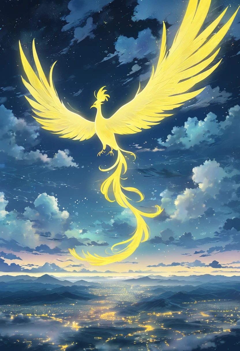 night view with clouds and a yellow phoenix in the distance, pastel color