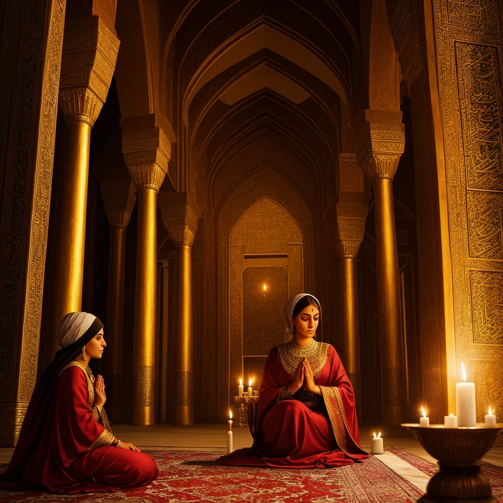 create a painting canvas with visible paint strokes. This portrait must contain a temple, the inside of an Arab prayer temple, rich in detail, with a woman in the background praying, holding a lit candle.
