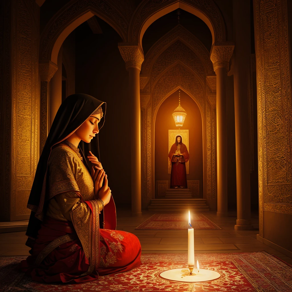 create a painting canvas with visible paint strokes. This portrait must contain a temple, the inside of an Arab prayer temple, rich in detail, with a woman in the background praying, holding a lit candle.