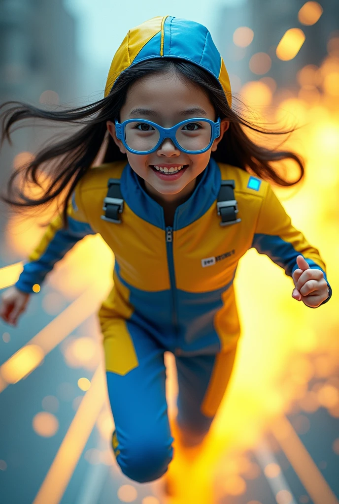 Chinese japan women average age wear jumpsuit high tech(( blue yellow)) ((age 15year old)). high tech belt. ))afternoon time((Running effect photography. flat chest.))((zoom effect photography)) Glowing yellow power.((wear jacket blue))short girl. Runfast effect.(( turtle neck dress)).. ((Wear blue big round glasses big frame)).running speed of light . latex suit. big tight.((flat chest breast)) running athlete.pontytail hair. Braces teeth.((running racing track )).Bokeh background. Panning effect. Yellow high tech watch. a beautiful young chinese women, , wearing a high-tech blue and yellow very tight jumpsuit.(( wear jacket bomber jacket blue yellow)), venus body type.. unning with style pose , girl want to fall. ,floating water pallet, photorealistic.(( fast train effect))detailed facial features,short hair, elegant pose, dynamic lighting. ((glowing body yellow lightning thundereffect)), 8k, award-winning digital art, intricate details, vibrant colors, cinematic composition. very fast run, highly detailed.(( star light trail effect photography)). speed of light. froze time effect. at the city.run water . spashing water. the girl run fast on wet road. background speed of light((.knee cover shield )) yellow blue nike shoes sneaker running ..