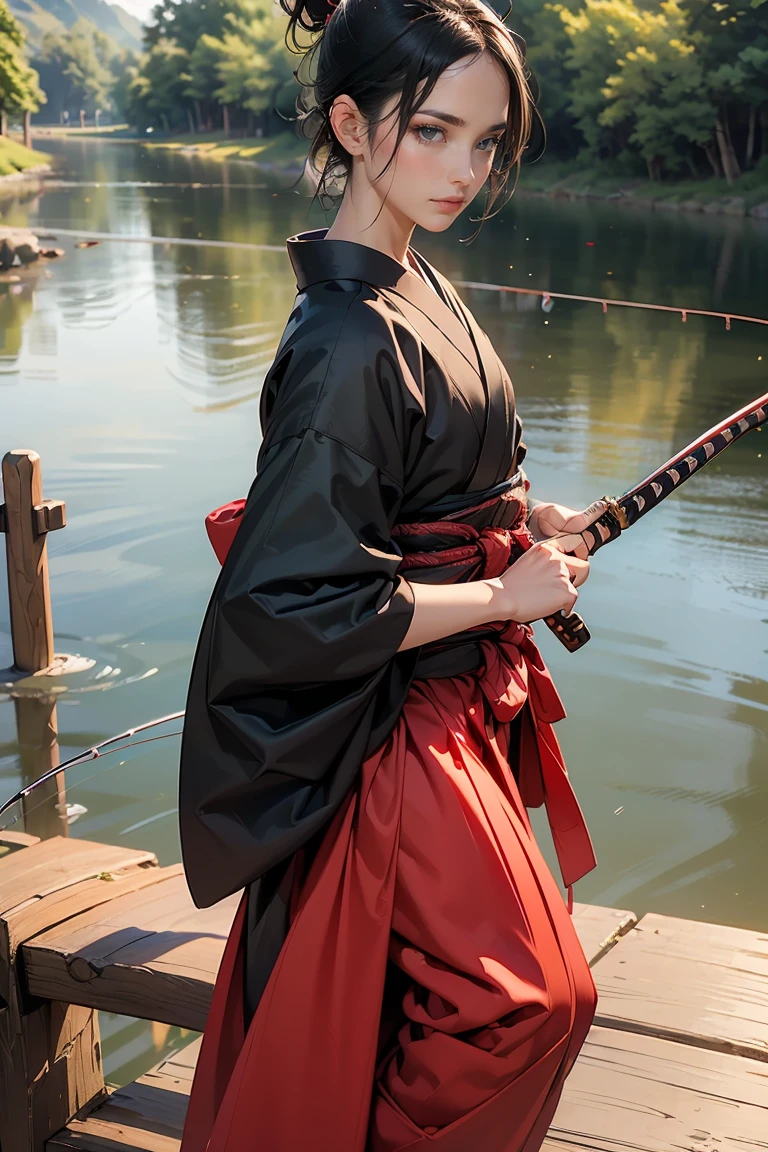 ((masterpiece, highest quality, Highest image quality, High resolution, photorealistic, Raw photo, 8K, Extremely detailed CG unified 8k wallpaper)), Fishing Samurai girl, black hair tied back, detailed beautiful face, detailed female hands, wearing red kimono and black hakama, holding a fishing rod, (Crouching on a wooden bridge, holding a fishing rod and casting the line into the river:1.3), viewed from the side.