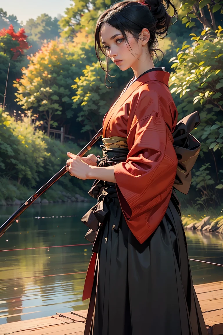 ((masterpiece, highest quality, Highest image quality, High resolution, photorealistic, Raw photo, 8K, Extremely detailed CG unified 8k wallpaper)), Fishing Samurai girl, black hair tied back, detailed beautiful face, detailed female hands, wearing red kimono and black hakama, holding a fishing rod, (Crouching on a wooden bridge, holding a fishing rod and casting the line into the river:1.3), viewed from the side.