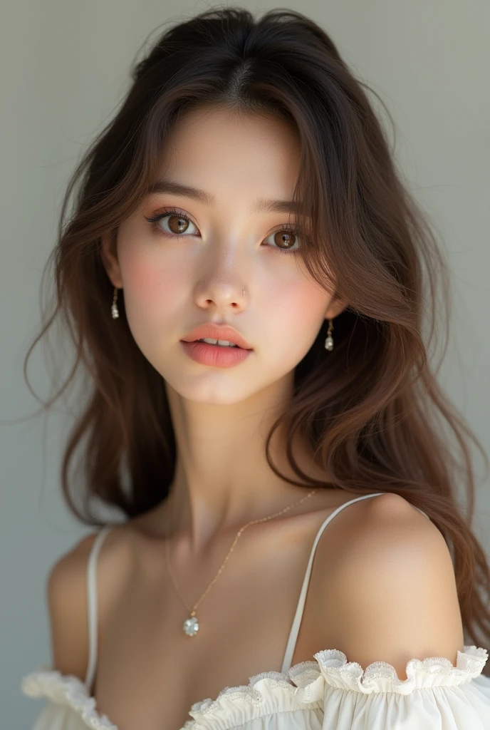Brunette woman brown eyes straight hair a little makeup 