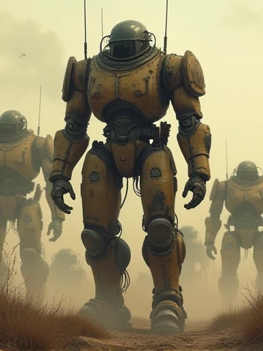 (Masterpiece.UHD.photorealistic analog photography. 1950 style) In a dystopian retro futuristic world. inside a 3 meter tall exo skeleton armor, a tired warrior. Wires, tubes, diesel punk. Smoke. Steam.surrounded by 1930 clunky evil war robots. early evening light.
