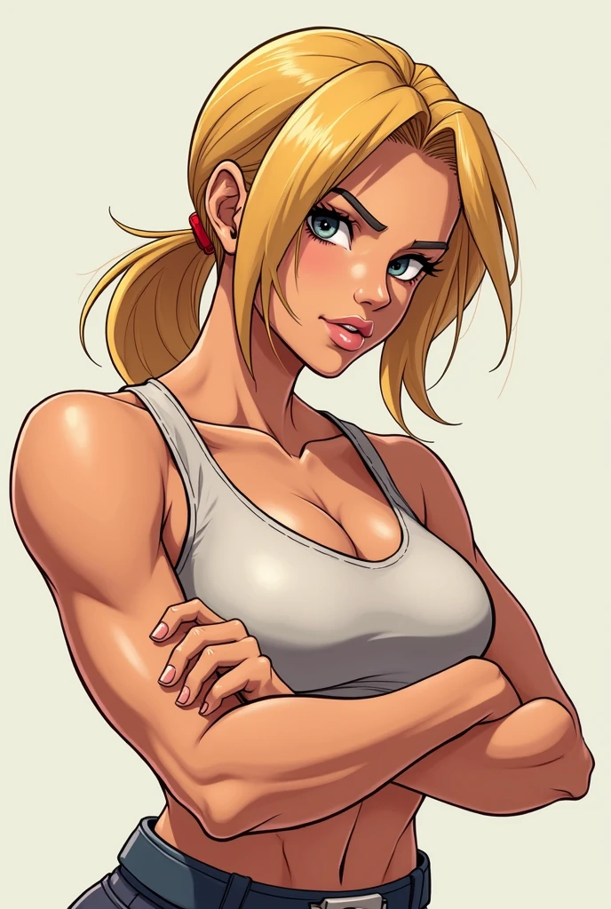 Female, girl, muscular, tanned skin, arms are crossed behind her back,, blonde hair, flat chested, flat chested, anime style, anime