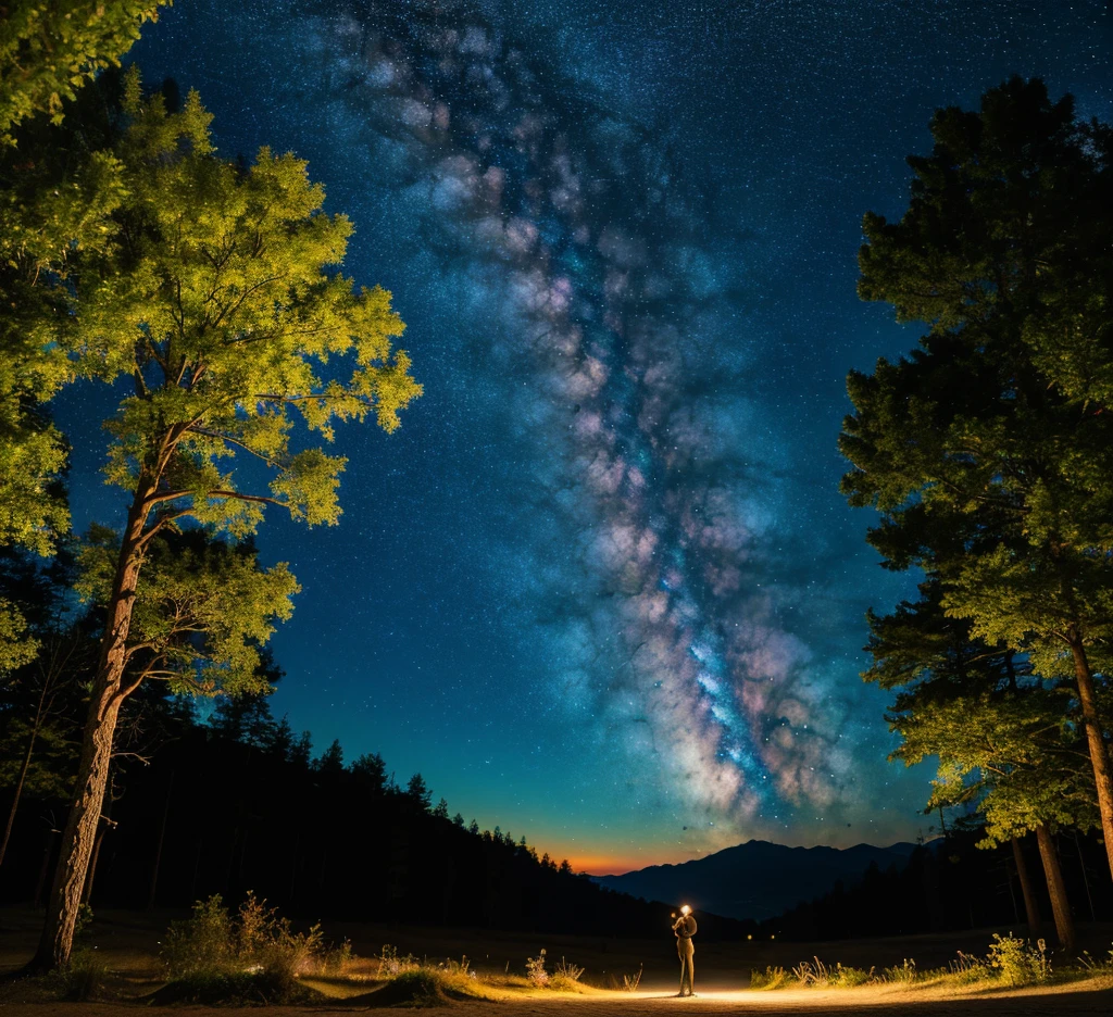 masterpiece,figure,Highest quality,Highly detailed CG Unity 8k wallpaper,Starry Sky,Milky Way,shooting star,The forest is backlit and invisible,