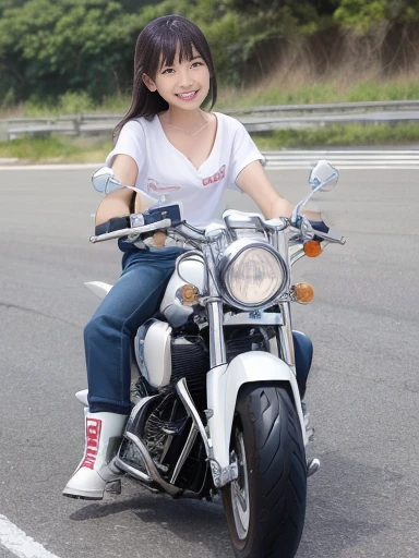 Japanese female, (underweight), (flat chest best quality:1.5), 30 years old, (cheerful grin:1.3),
ocean, road, (female rider), (american cruiser motorcycle), (riding american cruiser motorcycle), (white t-shirt), (denim shorts), (red boots), american, full body shot, (low angle shot)