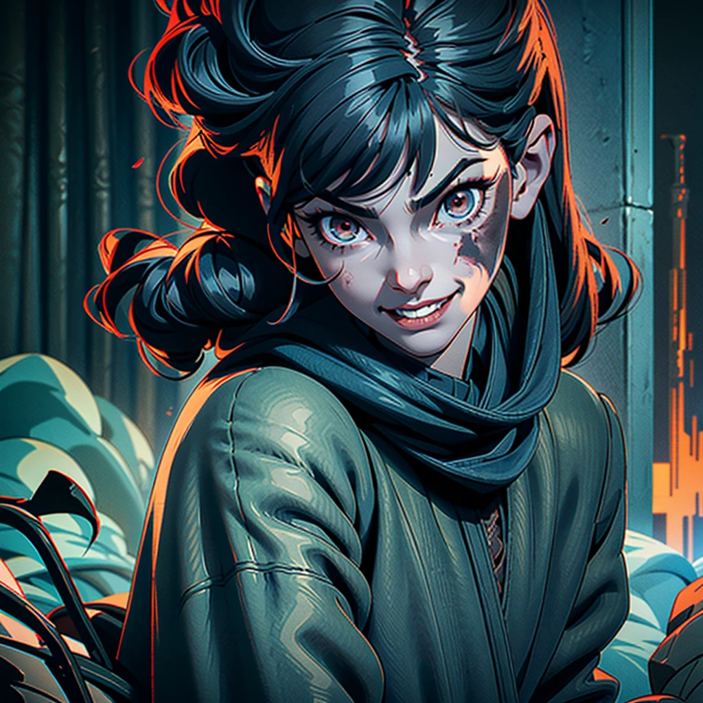 Scary pale woman with anorexia. Curly black hair. Black old shirt full of dust. Dark Brown eyes. 2.5D art. Anime style. Insanely detailed. Best render quality. Amazing 2.5D art. Psycho smile. Scary psycho smile. dark scary ambiance. Uncanny creepy smile. Maniac gaze. Intanse scary gaze. Psycho gaze. Scary dark ambiance. Scary dark house background. Scary dark background. Weak light. Scary. Horror. Creepy. Dark. Super dark scary scenario.