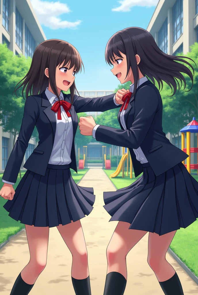 2 girls fighting in school playground in skirts