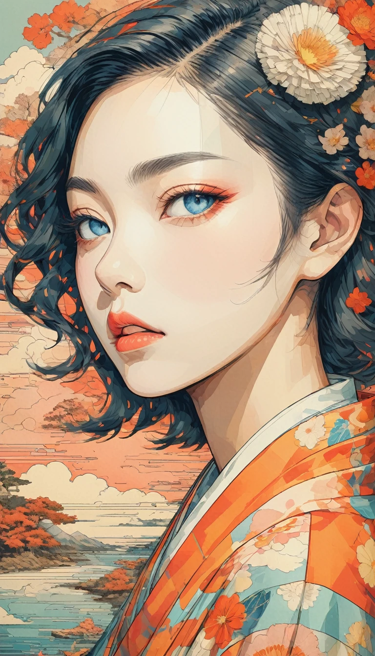 From a collage that mixes retro elements、Create dramatic contemporary digital art portraits。, Surrealism, And vintage aesthetics, Focus on intricate details、It depicts a beautiful japanese woman's full body in a relaxed pose with a dramatic, neutral expression, Detailed Hand,Long hair fluttering in the wind、Earrings、necklace、Pale color gradation