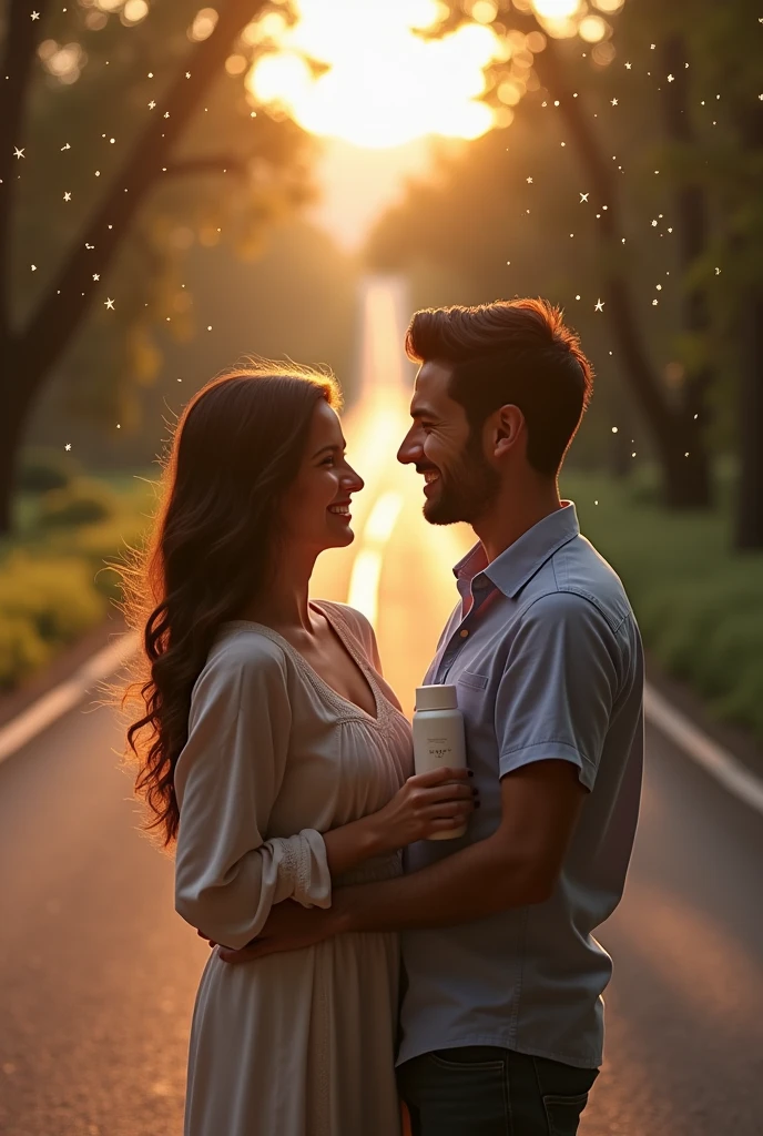 A real life woman with her male partner smiling on a long road alone, holding a skin care lotion bottle, smiling and happy, with a subtle background of stars or a compass, symbolizing their journey together being guided by destiny