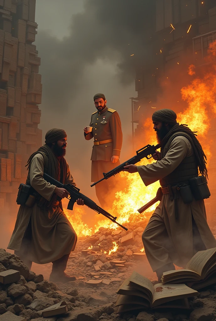 Two barbaric armed Taliban are burning a huge pile of books from which fire and smoke is arising, Afghan is trying to save the books but barbaric ??????? are whipping her with big lashes, and a happy Pakistani army General is laughing while holding a cup of tea while seeing the burning books